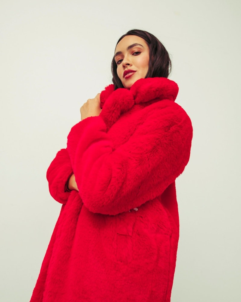 Front of a model wearing a size XL Red Faux Fur Teddy Coat in Red by Hilary MacMillan. | dia_product_style_image_id:250898